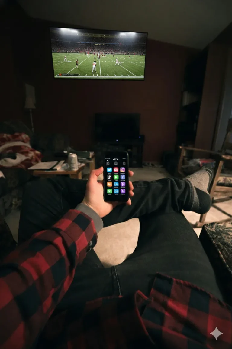 Person looking at their phone while a football game plays in the background
